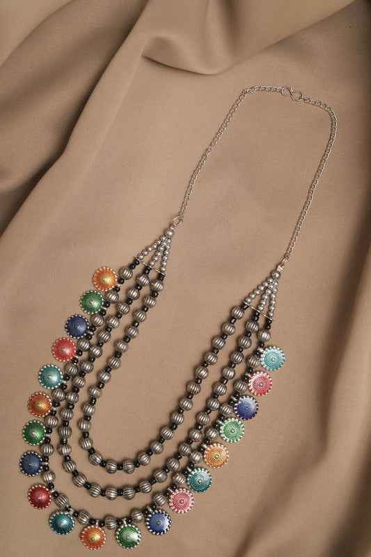 Oxidised Beads Chain Necklace with Hanging Meenakari Discs