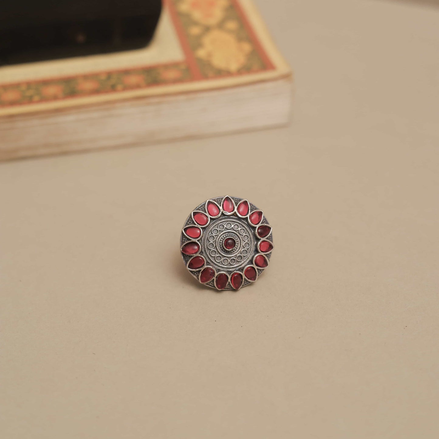 German Silver  Mandala Design Ring with Multicolor Petal Cabochons