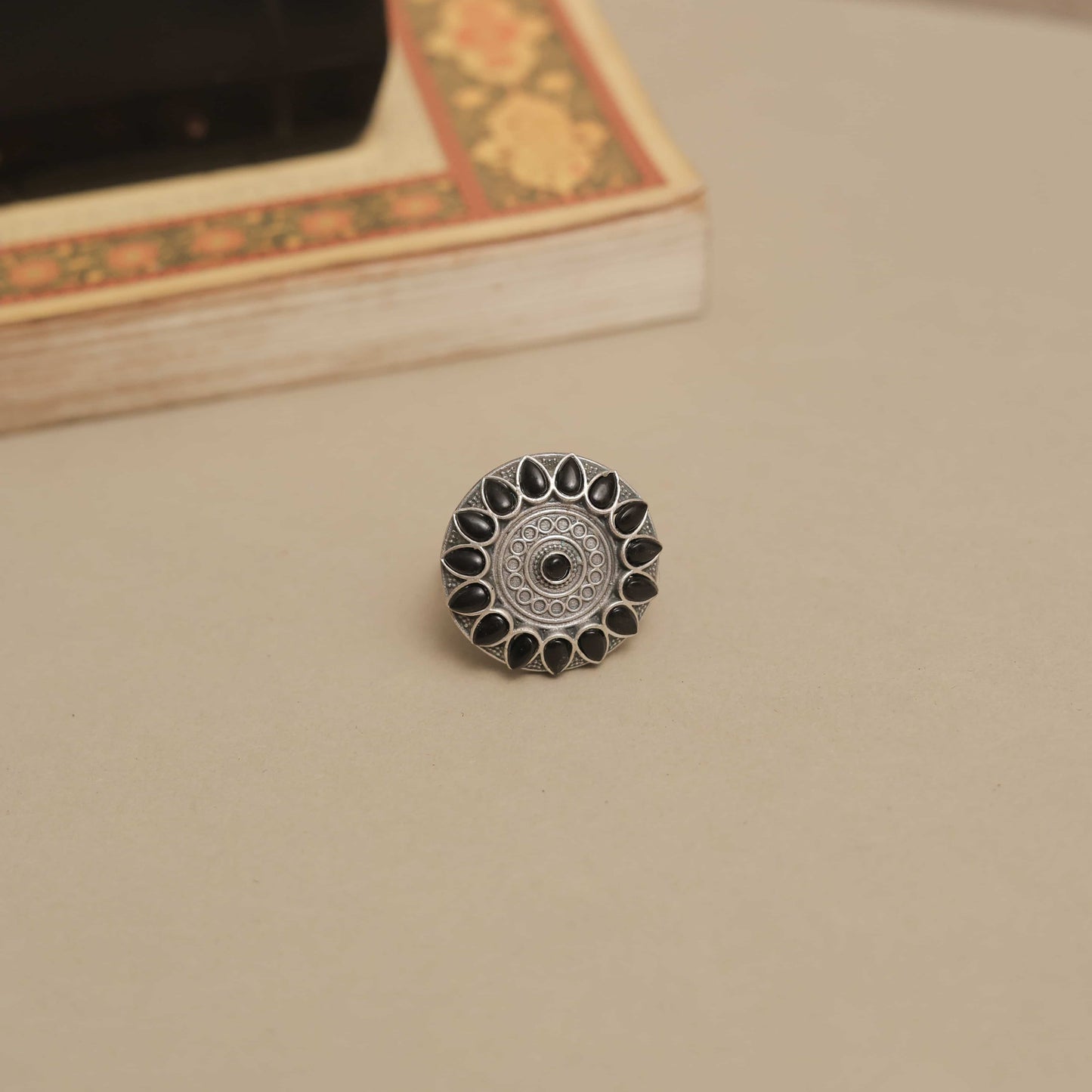 German Silver  Mandala Design Ring with Multicolor Petal Cabochons