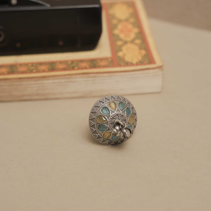 German Silver Ring with Dangling Beads and Colored Petals