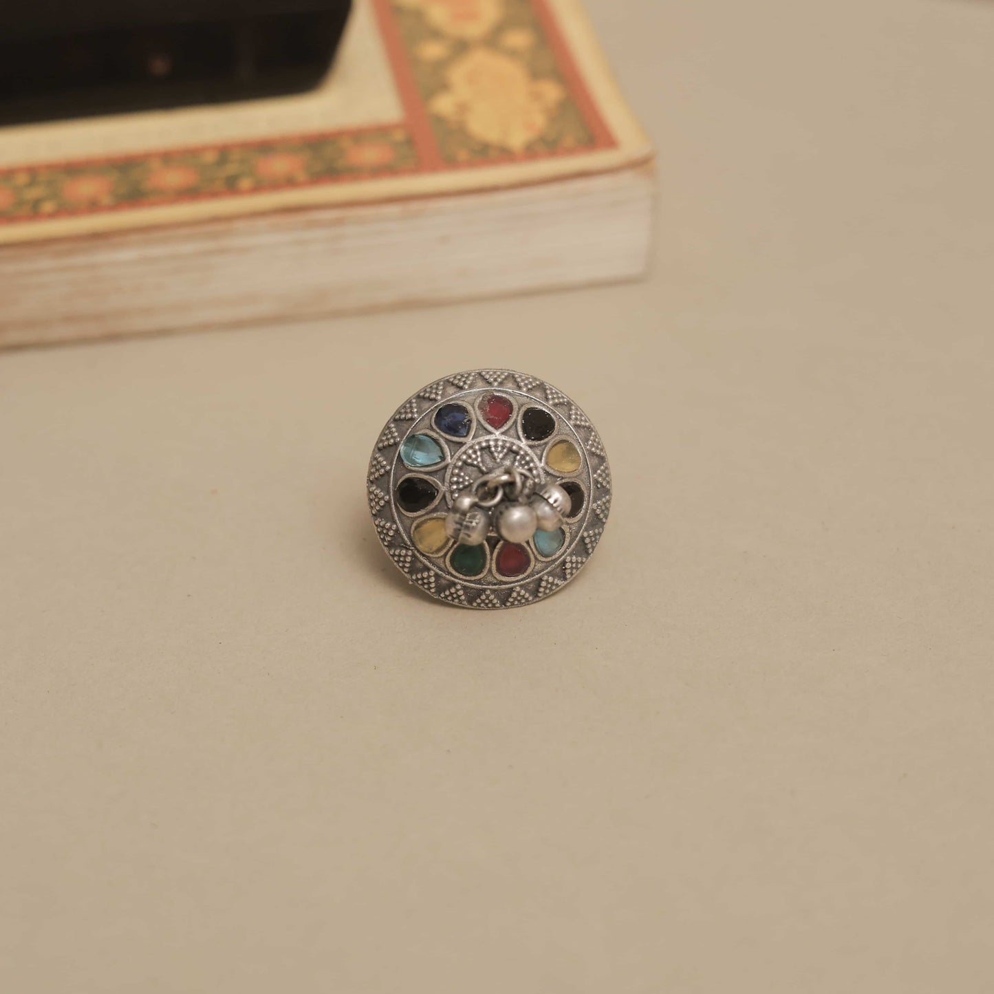 German Silver Ring with Dangling Beads and Colored Petals