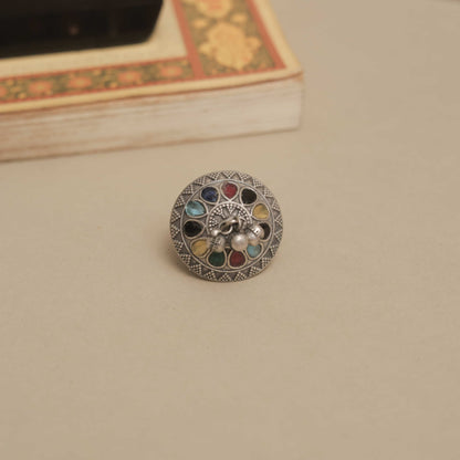 German Silver Ring with Dangling Beads and Colored Petals