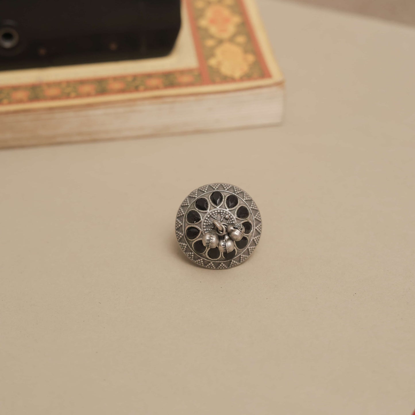 German Silver Ring with Dangling Beads and Colored Petals