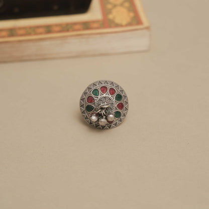 German Silver Ring with Dangling Beads and Colored Petals
