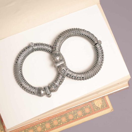 German Silver Kada with Geometric Jaali & Ribbed Dome Accents