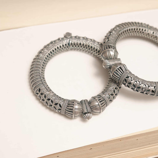 German Silver Kada with Geometric Jaali & Ribbed Dome Accents