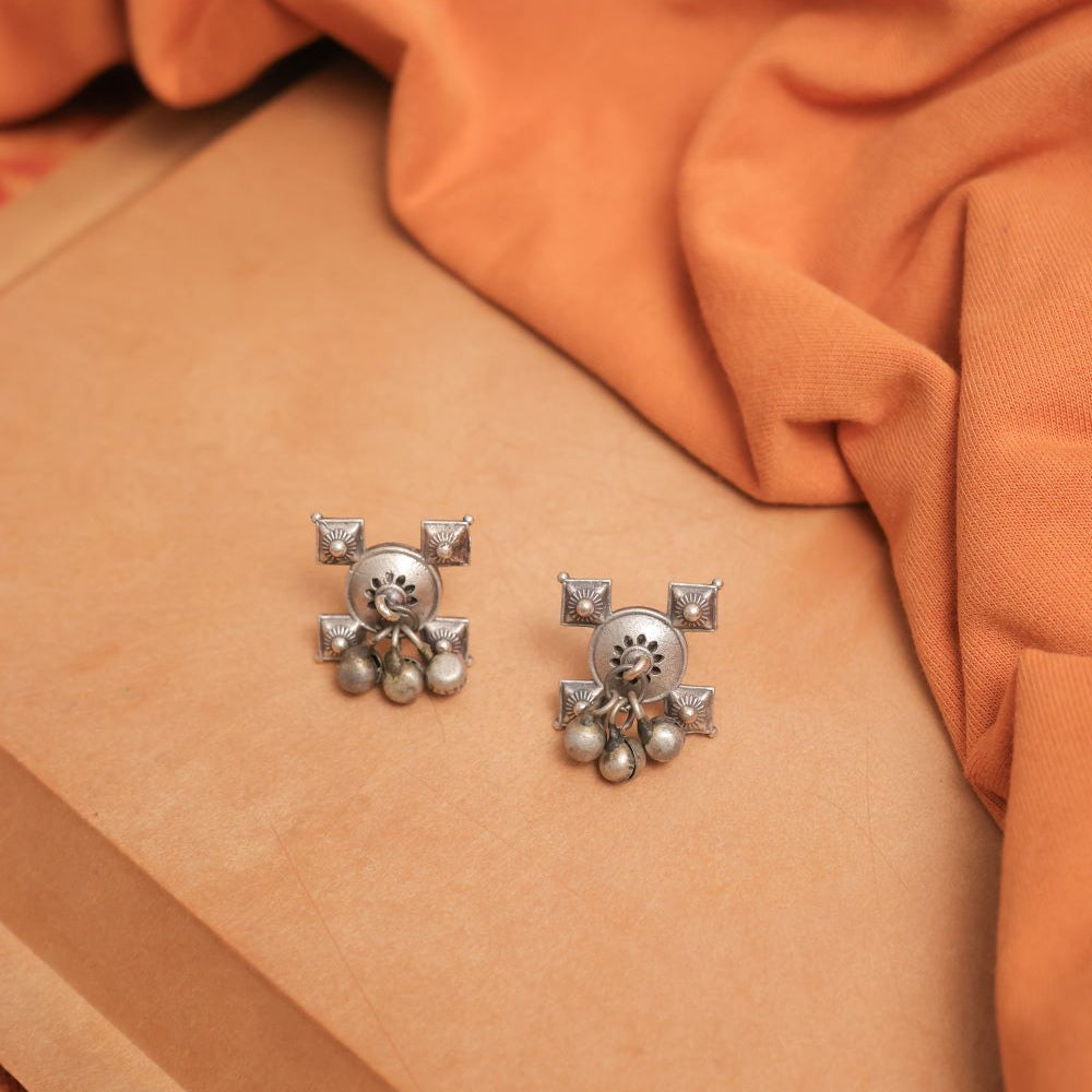 German Silver Earring with Floral-Embossed Medallion