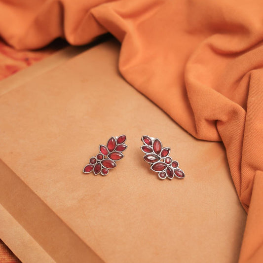 Oxidised Leaf Cluster Studs with Mulicolor Glass Stones