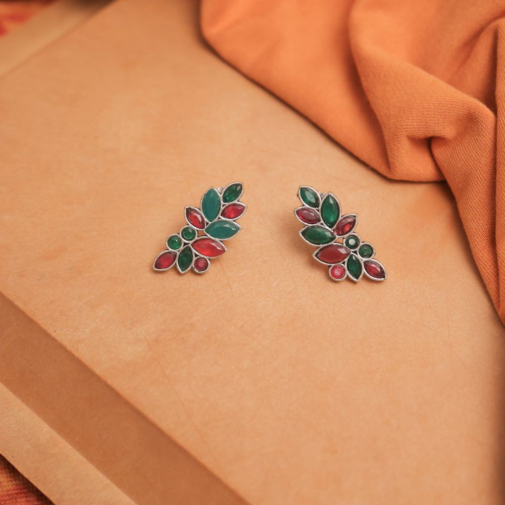 Oxidised Leaf Cluster Studs with Mulicolor Glass Stones