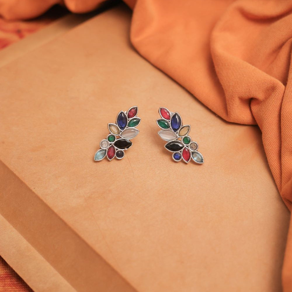 Oxidised Leaf Cluster Studs with Mulicolor Glass Stones