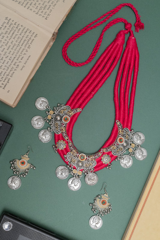 Traditional Two Tone Silver Coin Necklace Set with Earrings