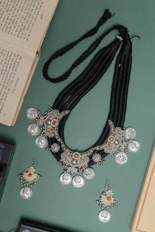 Traditional Two Tone Silver Coin Necklace Set with Earrings