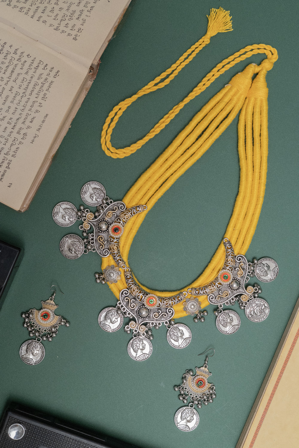 Traditional Two Tone Silver Coin Necklace Set with Earrings