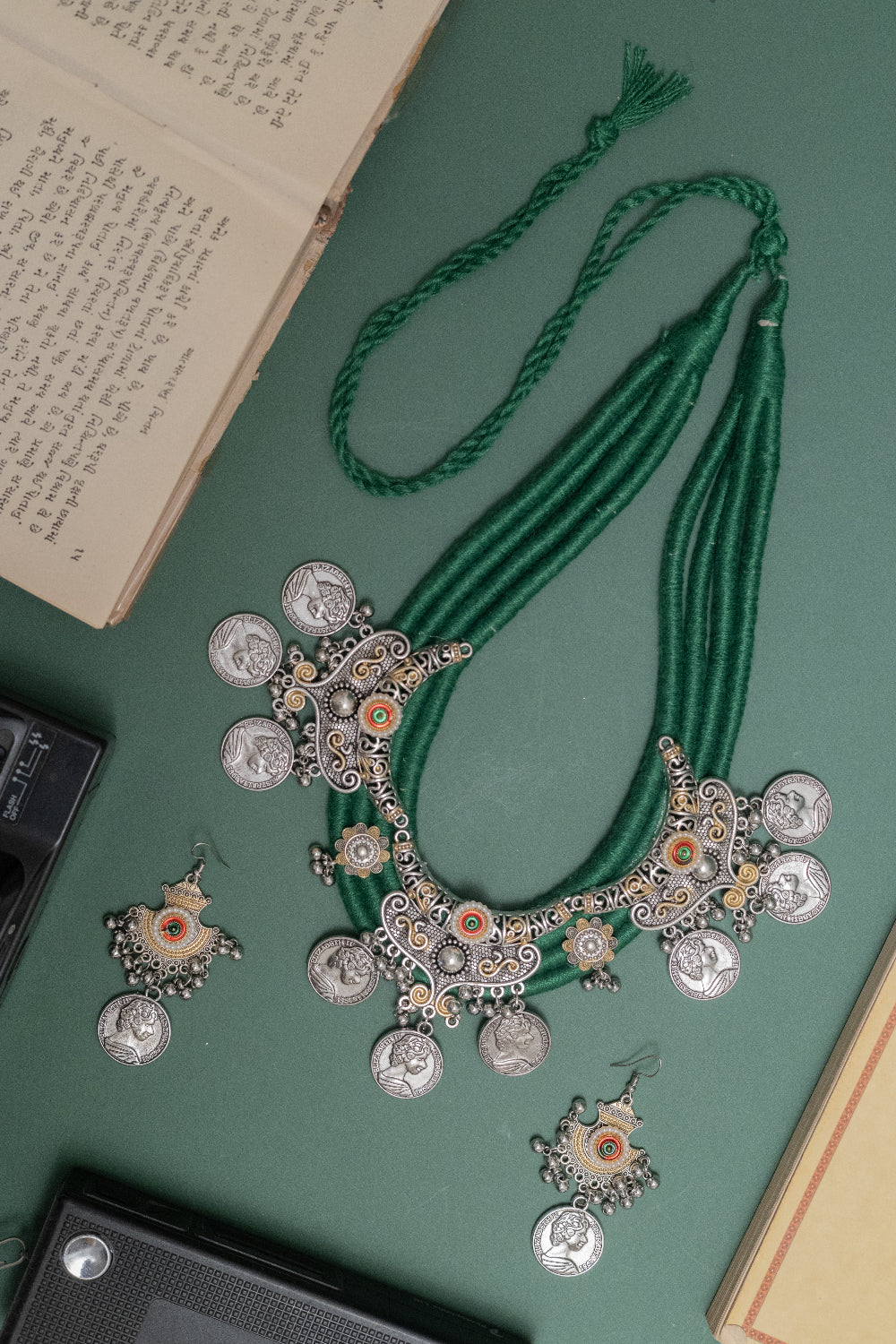 Traditional Two Tone Silver Coin Necklace Set with Earrings