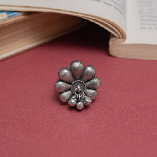 German Silver Floral Dome Adjustable Ring with Dangling Beads
