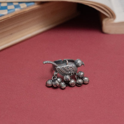 Oxidized Silver Bird Ring with Bells
