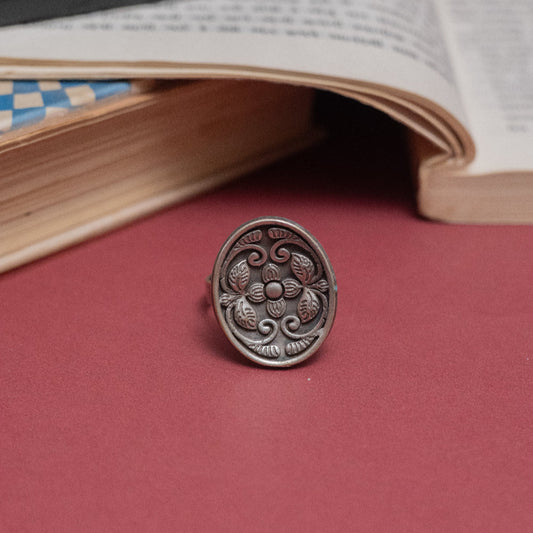 Oxidized Silver Floral Motif Ring