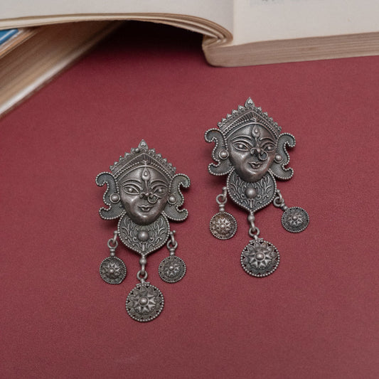 Oxidized Silver Deity Face Earrings