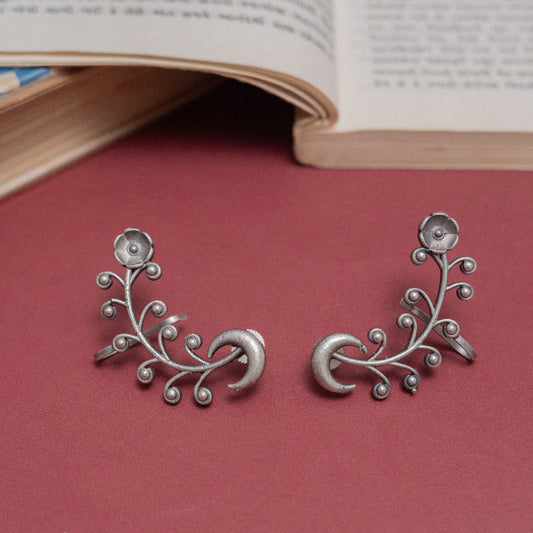 German Silver Floral Vine and Crescent Moon Ear Cuffs