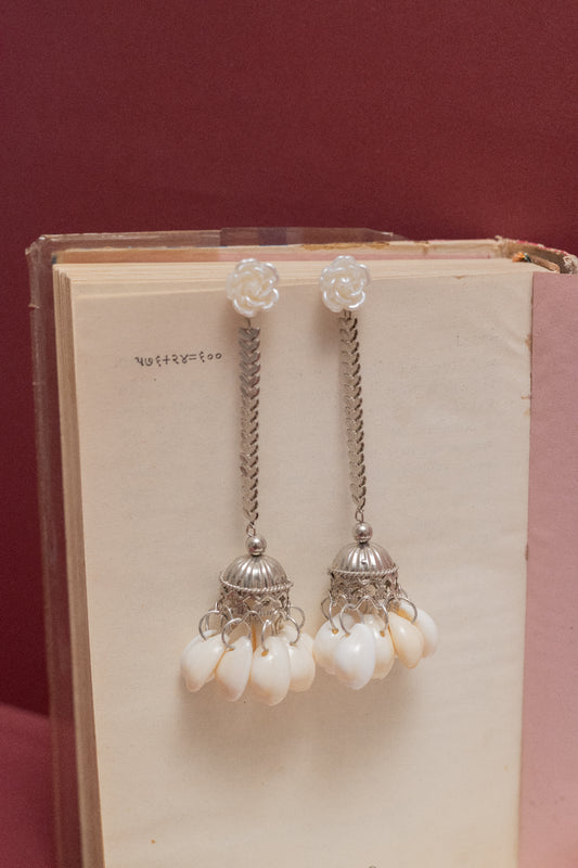 Floral Chain Cowrie Drop Oxidised Earrings