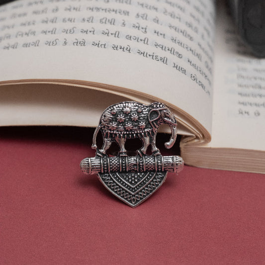 Oxidized Silver Elephant and Drum Motif Adjustable Ring