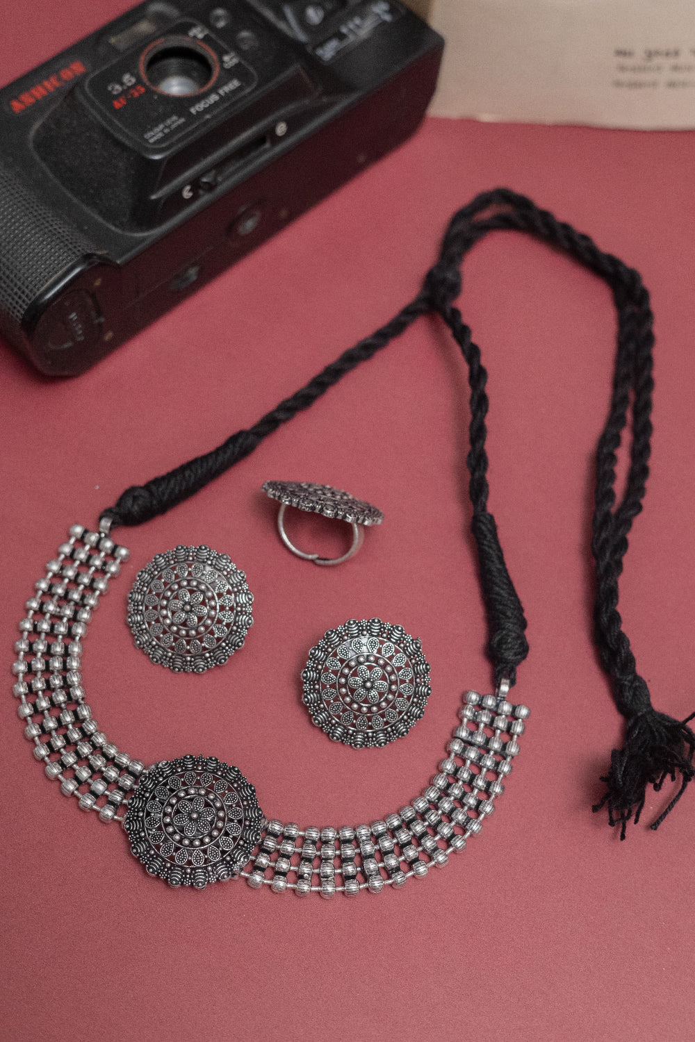 Oxidised Silver Floral Statement Jewellery Set Earrings & Ring