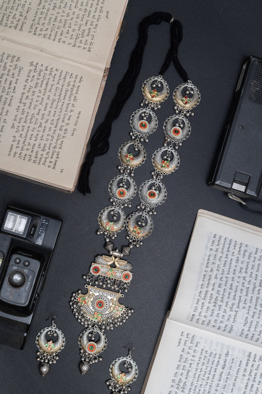 Two-Tone Oxidised Long Necklace Set