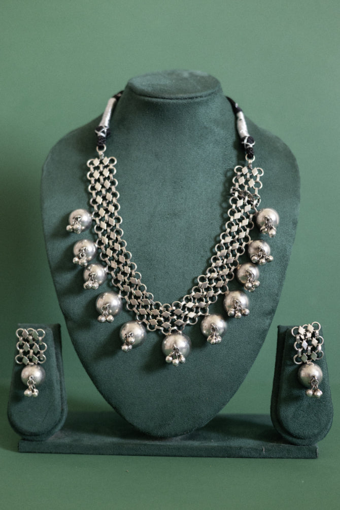 Tribal Style Chain Necklace with Dome Charms and Ghoongroo Bells