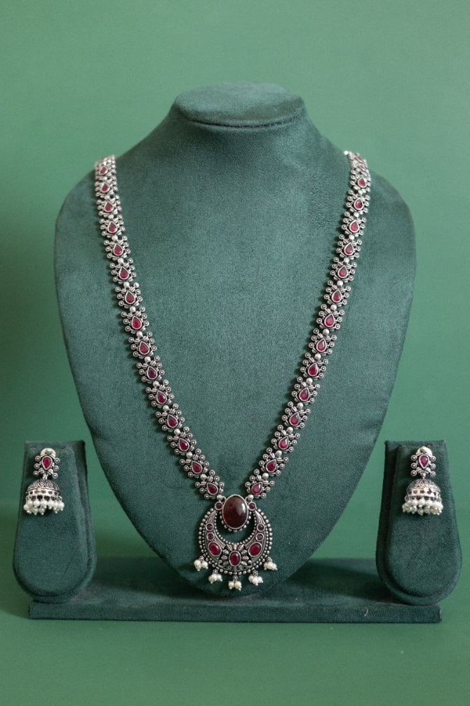Regal German Silver Multi-Stone Necklace with Ruby, Emerald, and Pearl Drops