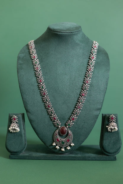 Regal German Silver Multi-Stone Necklace with Ruby, Emerald, and Pearl Drops