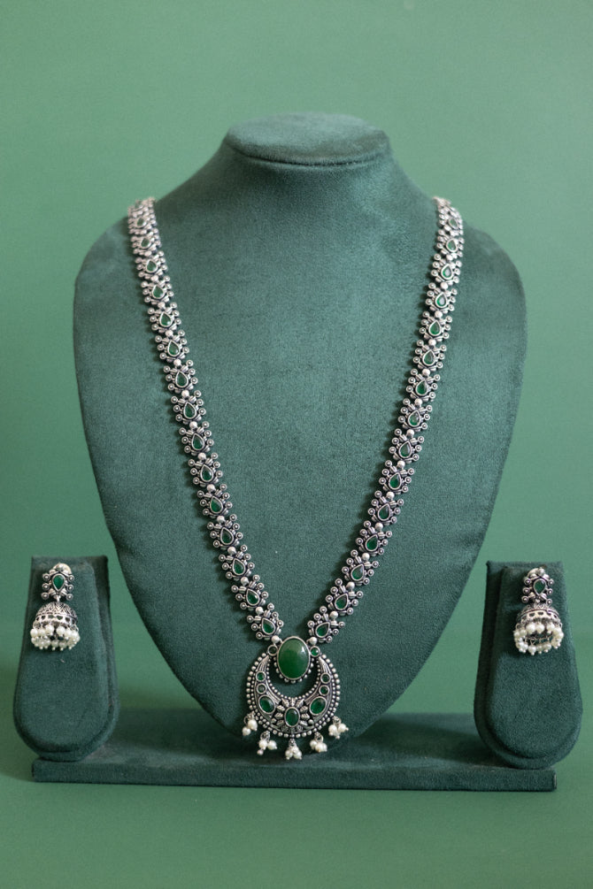 Regal German Silver Multi-Stone Necklace with Ruby, Emerald, and Pearl Drops