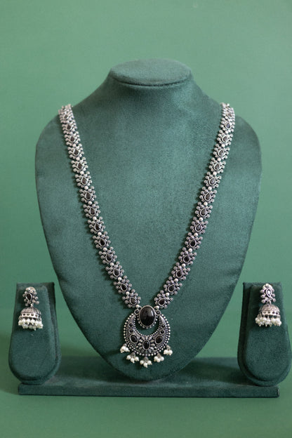 Regal German Silver Multi-Stone Necklace with Ruby, Emerald, and Pearl Drops