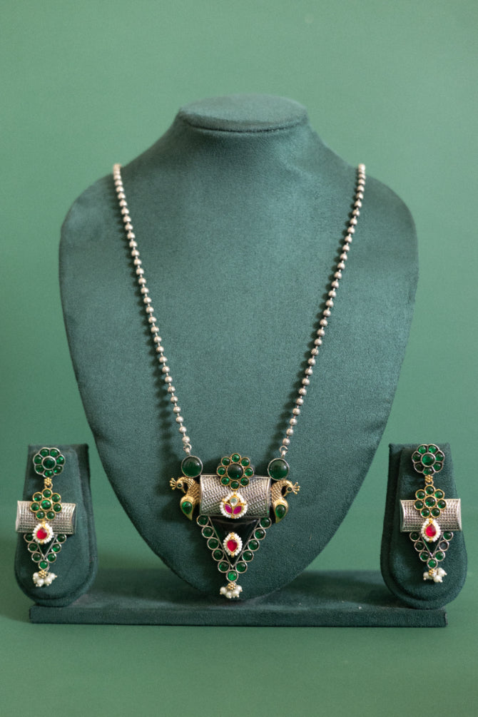 Two-Tone Multi-Ruby Pendant Set with Pearl-Beaded Chain and Dangle Earrings