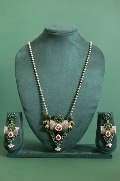 Two-Tone Multi-Ruby Pendant Set with Pearl-Beaded Chain and Dangle Earrings