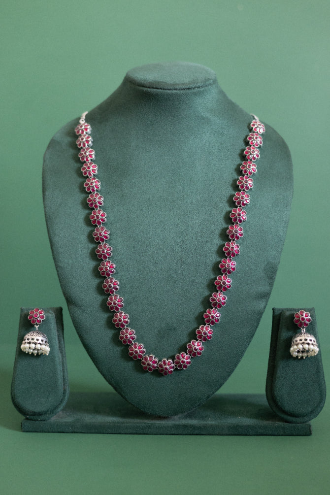 Crimson Bloom German Silver & Pearl Jhumka Set