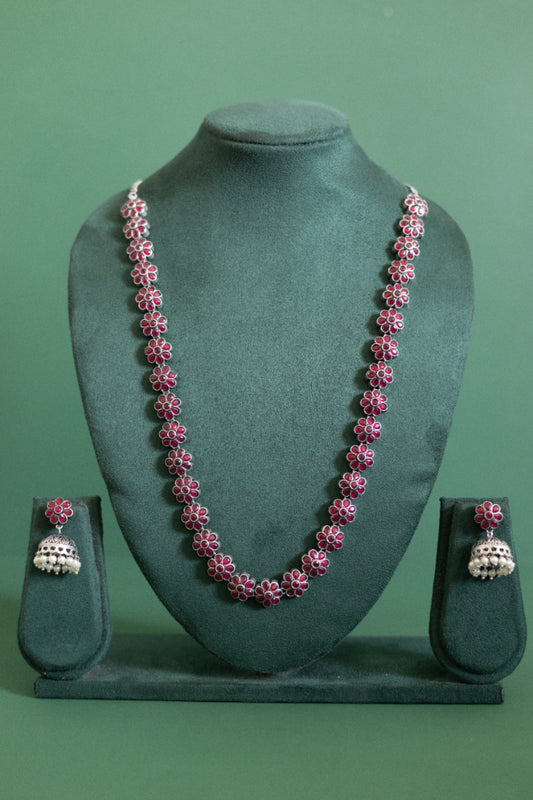 Crimson Bloom German Silver & Pearl Jhumka Set