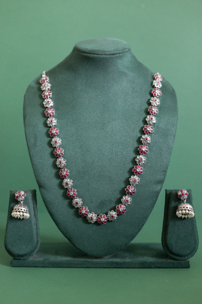 Crimson Bloom German Silver & Pearl Jhumka Set