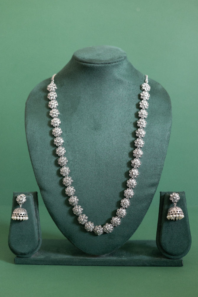 Crimson Bloom German Silver & Pearl Jhumka Set