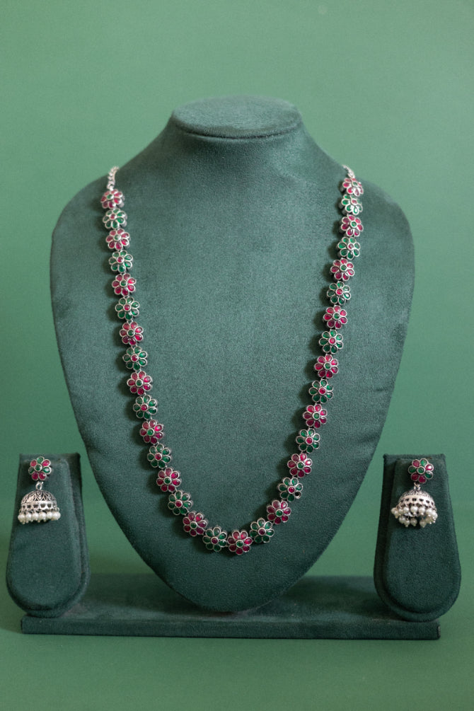 Crimson Bloom German Silver & Pearl Jhumka Set