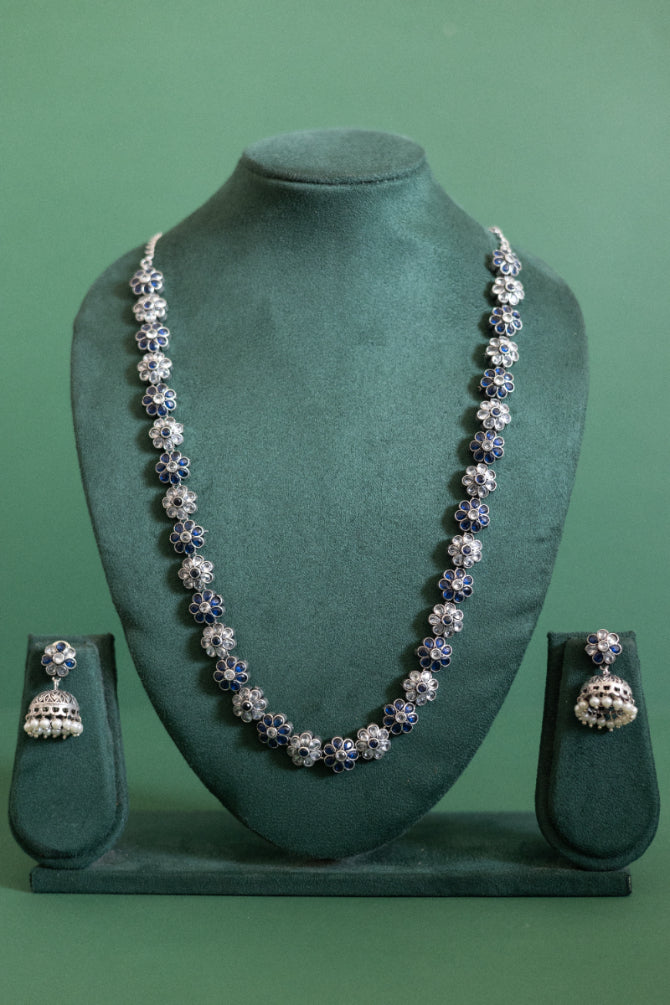 Crimson Bloom German Silver & Pearl Jhumka Set