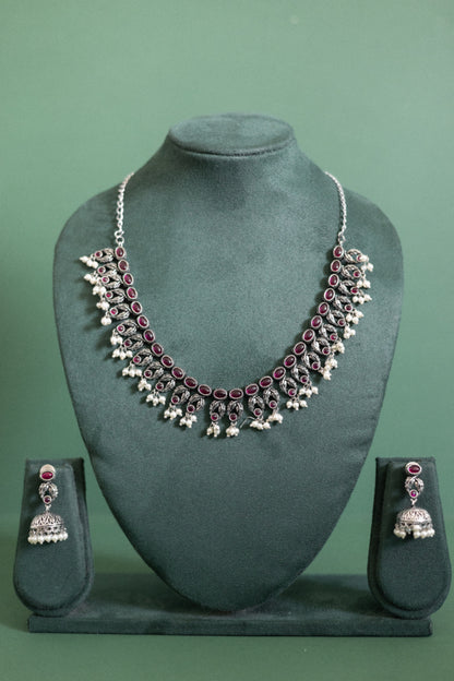 Ruby Cluster Necklace Set with Pearl Drop Jhumka Earrings