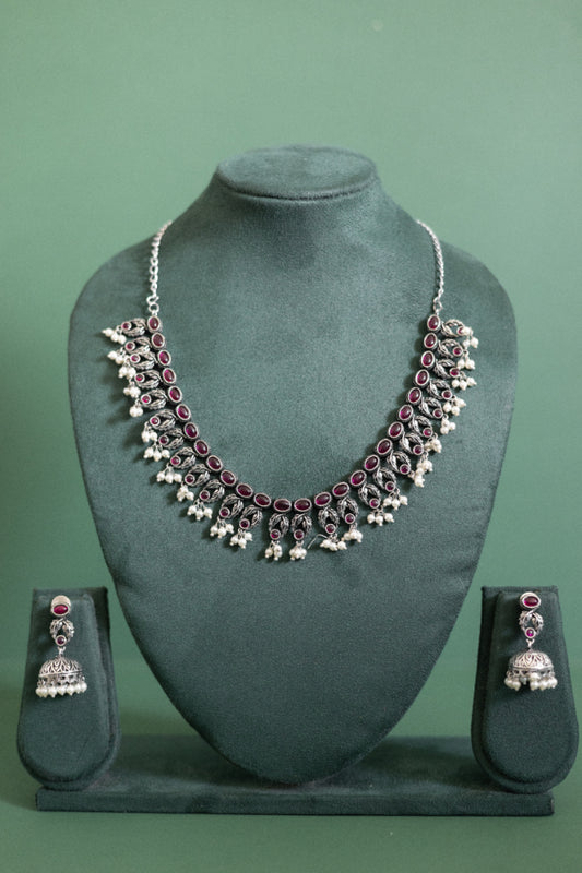 Ruby Cluster Necklace Set with Pearl Drop Jhumka Earrings
