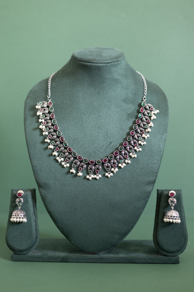 Ruby Cluster Necklace Set with Pearl Drop Jhumka Earrings