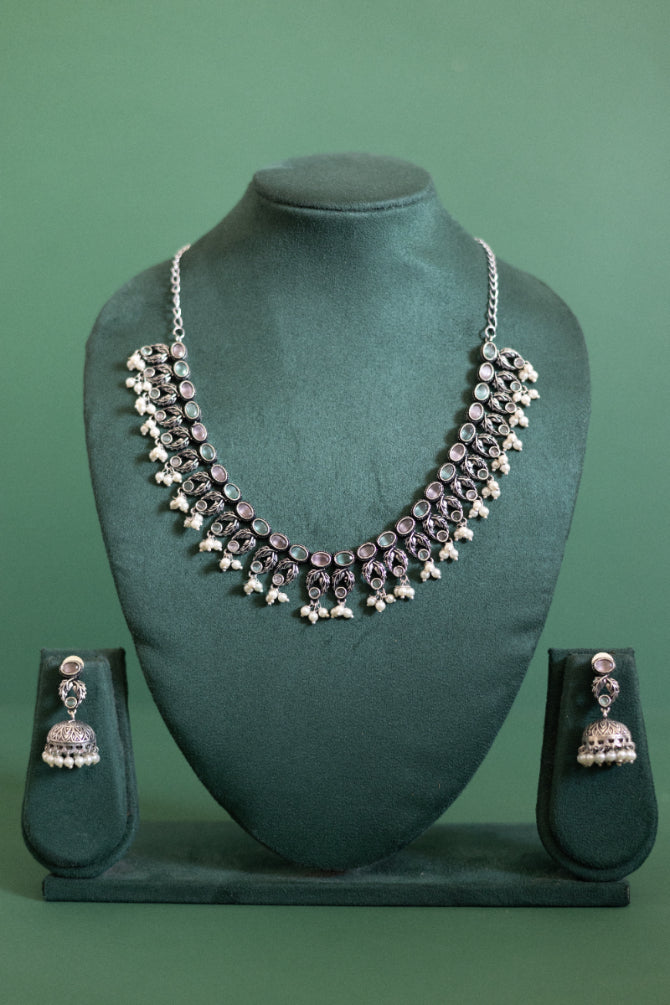 Ruby Cluster Necklace Set with Pearl Drop Jhumka Earrings