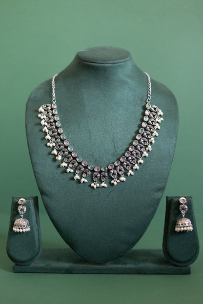Ruby Cluster Necklace Set with Pearl Drop Jhumka Earrings
