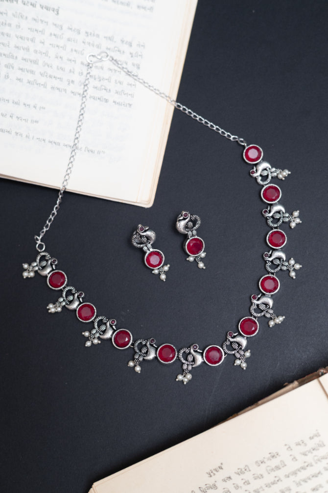 Ethnic Peacock & Stone German Silver Necklace Set
