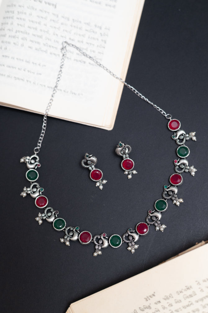 Ethnic Peacock & Stone German Silver Necklace Set