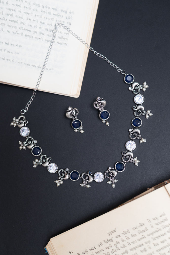 Ethnic Peacock & Stone German Silver Necklace Set