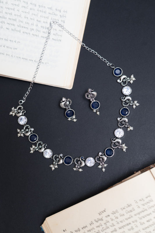 Ethnic Peacock & Stone German Silver Necklace Set