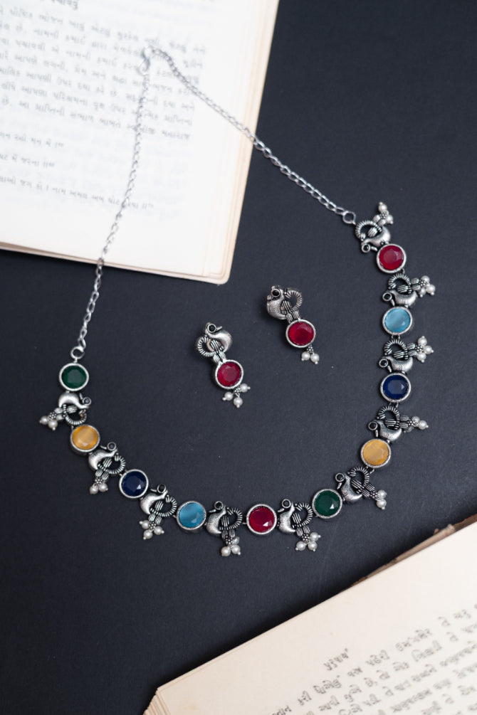 Ethnic Peacock & Stone German Silver Necklace Set